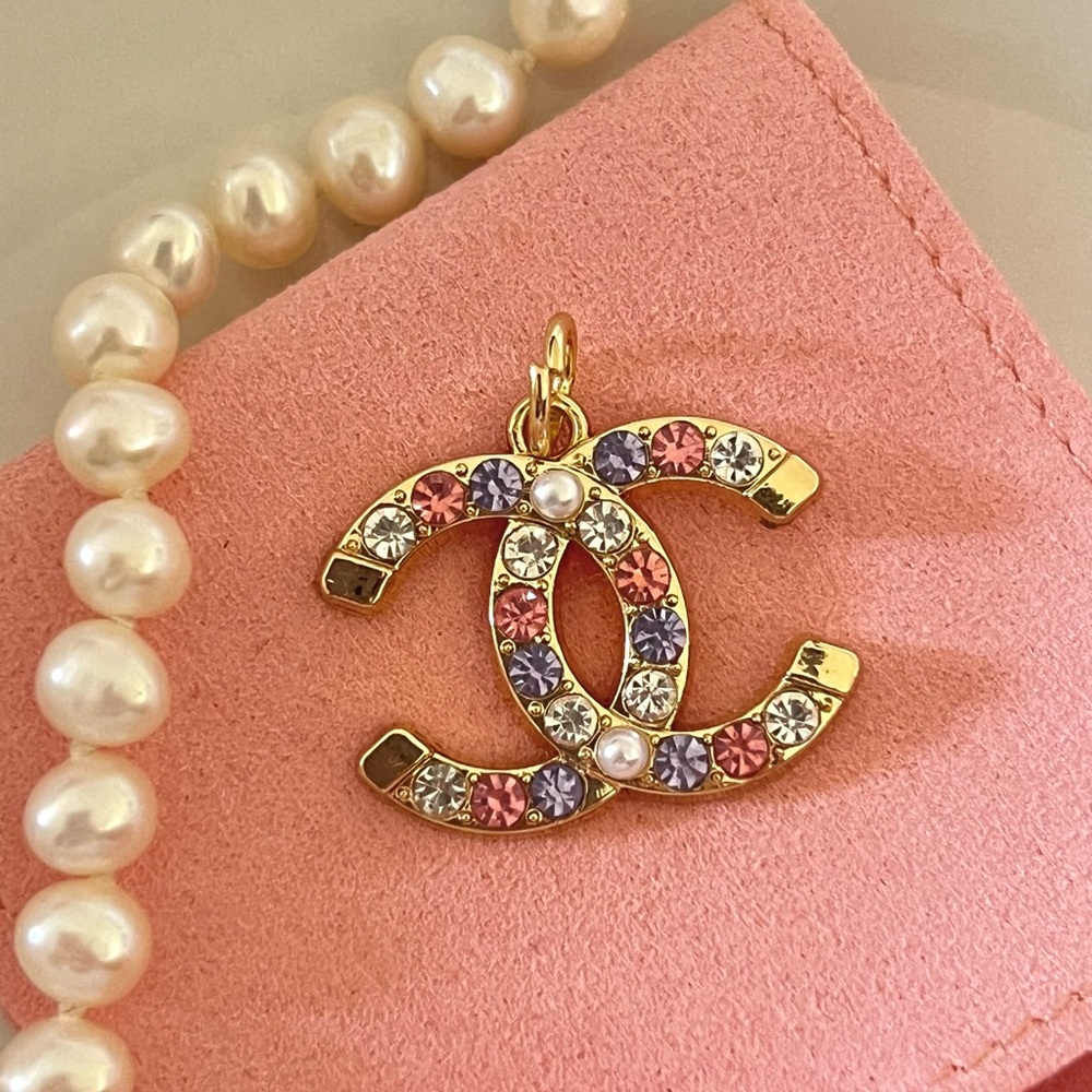 Gold Chanel Charm with Pink, Purple and Pearl Accents - Picture 4 of 10